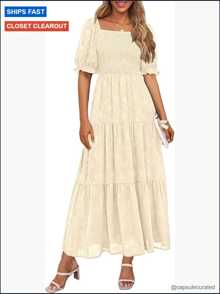 Square Neck Smocked A-Line Floral Midi Dress With Pockets